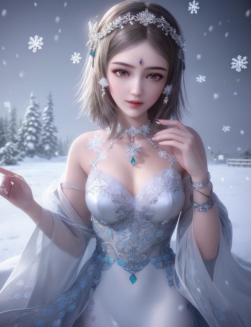 ultra realistic 8k cg, flawless, clean, masterpiece, professional artwork, famous artwork, cinematic lighting, cinematic bloom, perfect face, beautiful face, fantasy, dreamlike, unreal, science fiction,   lace, lace trim, lace-trimmed legwear, luxury, jewelry, diamond, gold, pearl, gem, sapphire, ruby, emerald, intricate detail, delicate pattern, charming, alluring, seductive, erotic, enchanting, hair ornament, necklace, earrings, bracelet, armlet,halo,autumn,((,1girl, pov,best quality, ))  , ((((1girl, solo,outdoors, large breasts,,snowflakes,  snow, snowing,   ))))    <lora:DA_BaiCai:0.7>