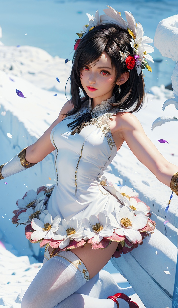 masterpiece,highres,1girl,solo,red eyes,short hair,double bun,black hair,sfw,dynamic pose,dynamic angle,<lora:add_detail:0.3>,thighhighs,((beautiful Dress+stocking):1.25),((flower headdress:1.45)),((white theme:1.5)),snow,outdoors,snowflakes,sleeveless,3D graphics,looking_at_viewer,tifa,<lora:tifa-000005:0.75>,
