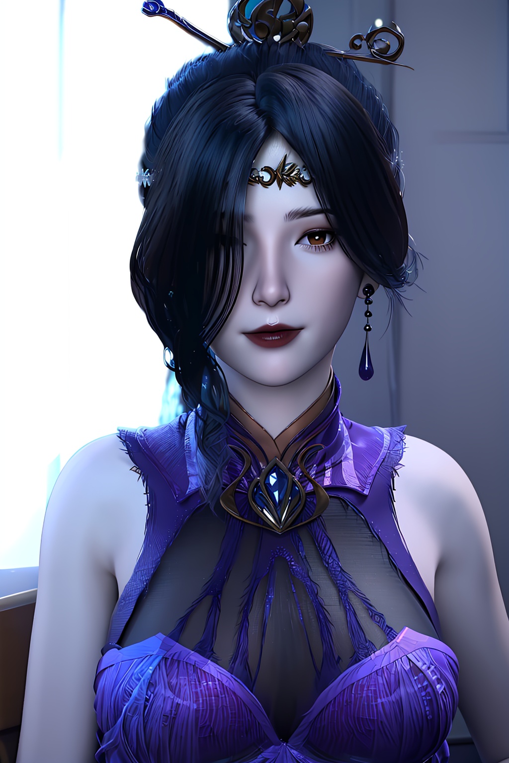 3D,masterpiece,(best quality),(makeup),official art, extremely detailed cg 8k wallpaper,((crystalstexture skin)), (extremely delicate and beautiful),(highly detailed),(face),(tiara),(1girl), (solo), (jewelry), (earrings),(black_hair),(long_hair),(hair_ornament),(handwear),(breasts),((upper_body)),(closed_mouth),(chinese_clothes),(multicolored_clothes),(multicolored_dress),(shiny_clothes),(city,indoor,bed),,((looking_at_viewer)),((Facing the camera)),, <lora:hipoly3DModelLora_v10:0.3>