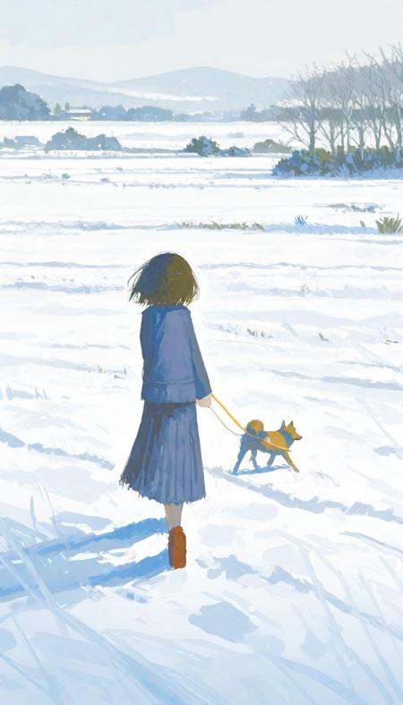 painting of a woman walking a dog in a snowy field,  snowy. by makoto shinkai,  by Makoto Shinkai on Tensor.Art