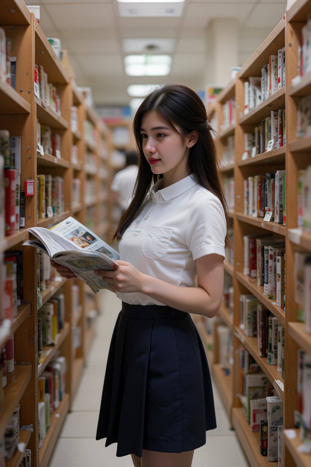 female student with long dark hair wearing a white polo shirt and a navy pleated skirt standing in a library aisle holding...