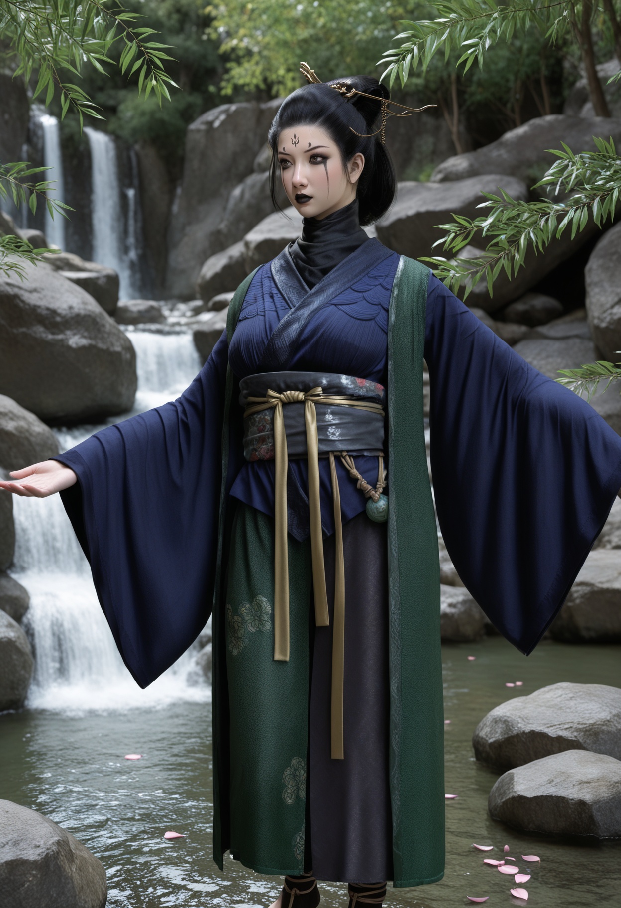 masterpiece,best quality,amazing quality,high resolution,ultra-detailed,absurdres,(looking at viewer:1.1),(moody lighting:1.1),waterfall,peach blossom,falling petals BREAK large breasts,foursister,solo,1girl,black hair,facial mark,forehead mark,hair ornament,hair bun,hair stick,chinese clothes,sash,belt,toeless legwear,black_eyeshadow,black lips,Willow-shaped eyebrows,glamor,puffy breasts,pointy_breasts BREAK photorealistic details,<lora:QQSillfoursisterV1:0.9>,