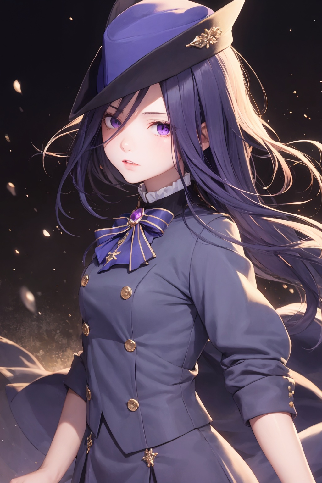 masterpiece, best quality, <lora:clorinde:1>, 1girl,solo,hat,school uniform, multicolored hair, purple hair, purple eyes, black hair, 