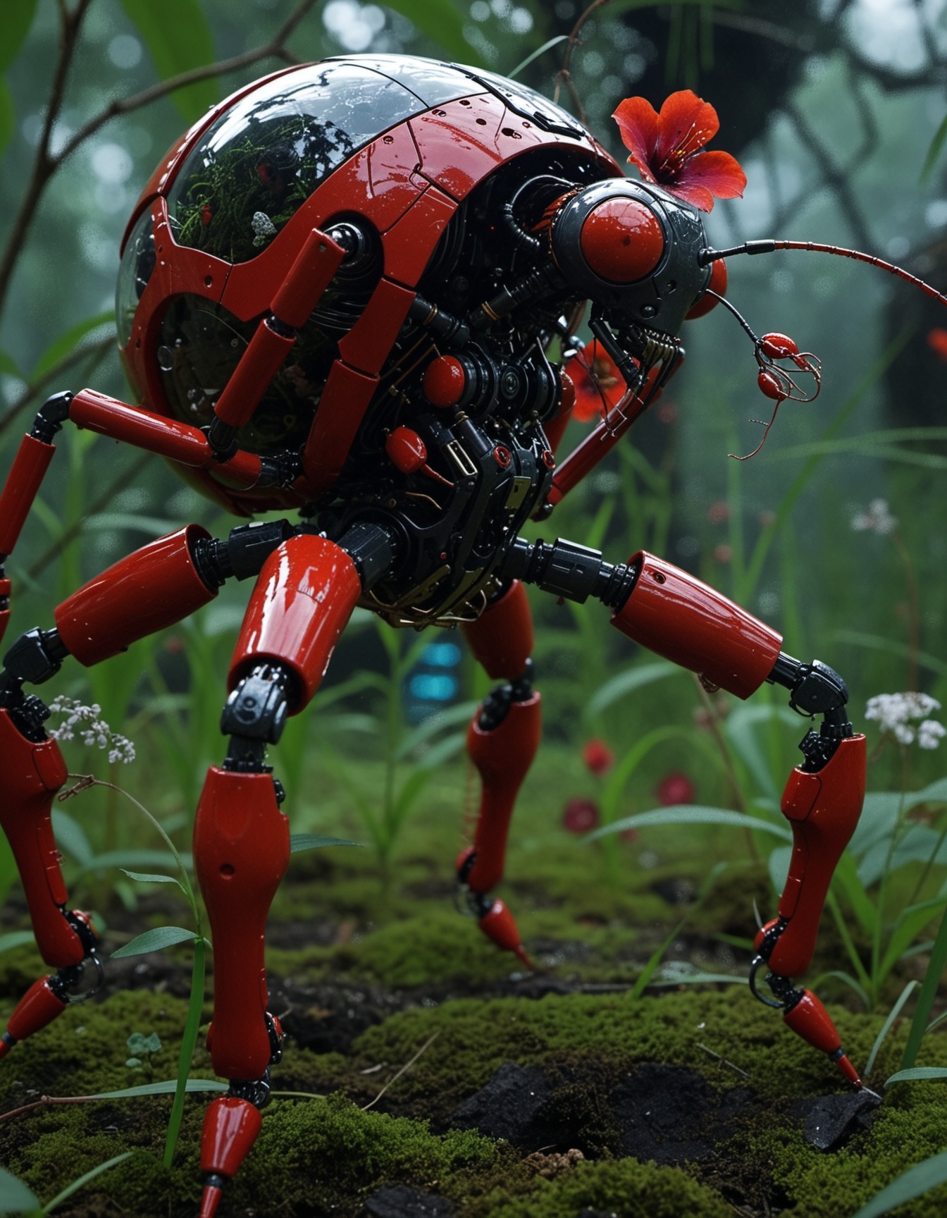 a small insect mecha standing in the grass with terrarium on its back,  V-Ray phisically based rendering,  crimson flowers...