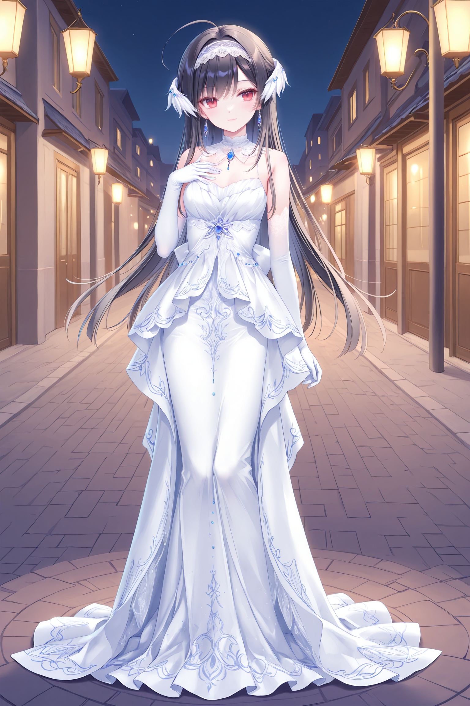 masterpiece,best quality,newest,absurdres,highres,soft shadows,year2024,(chen bin:0.7),(hiten \(hitenkei\):0.4),(rimuu:0.5),(mignon:0.5),(sheya:0.6),<lora:miaXLNAI-000010:1>,mianonomiya,1girl,ahoge,frilled hairband,black hair,long hair,red eyes,light smile,<lora:nightowlXLNAI:1>,nightowl,white dress,long dress,jewelry,hair ornament,elbow gloves,full body,standing,hand on own chest,arm at side,outdoors,street,