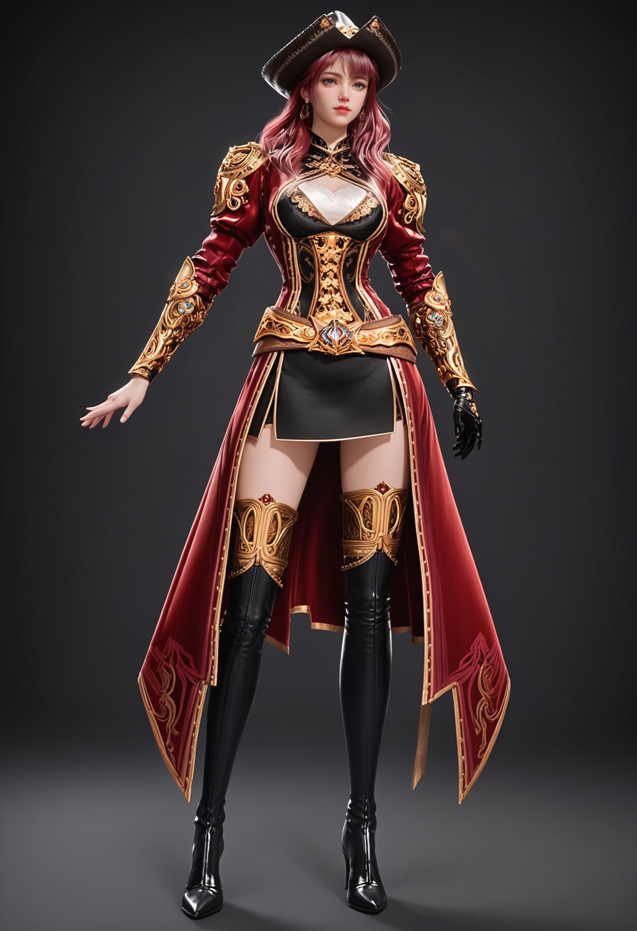 (standing full_body:1.1),score_9,score_8_up,masterpiece,(best quality),intricate details,facing viewer,(looking at viewer:1.1),<lora:YQ_pony_menghongchen_V4:0.8>,q1528437228,solo,1girl,hat,long hair,red hair,boots,thighhighs,blue eyes,gloves,thigh boots,skirt,armor,pink hair,jewelry,belt,brown hair,pirate hat,earrings,coat,high heels,red coat,black gloves,grey eyes,dress,miniskirt,black eyes,black footwear,high heel boots,black headwear,long sleeves,single glove,BREAKscore_9,score_8_up,masterpiece,(best quality),perfect anatomy,(hourglass),perfect face,(simple background,pure black background,black background:1.1),fair_skin,shiny_skin,Ivory_skin,