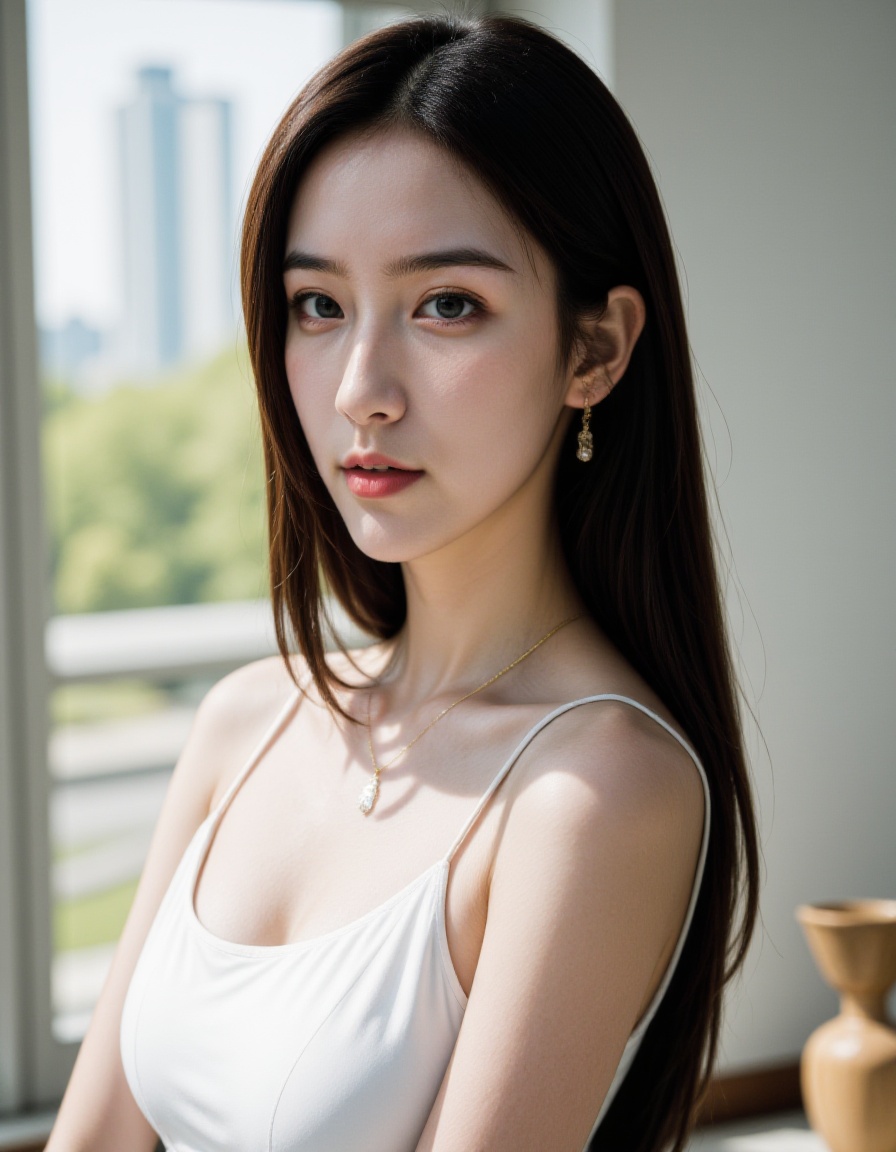 1girl, jewelry, solo, earrings, realistic, long hair, looking at viewer, blurry background, blurry, indoors, office, brown hair, lips, photorealistic, upper body, day, from side, sleeveless, nose, depth of field, necklace, breasts, tree, white dress, looking to the side, sunlight, closed mouth
