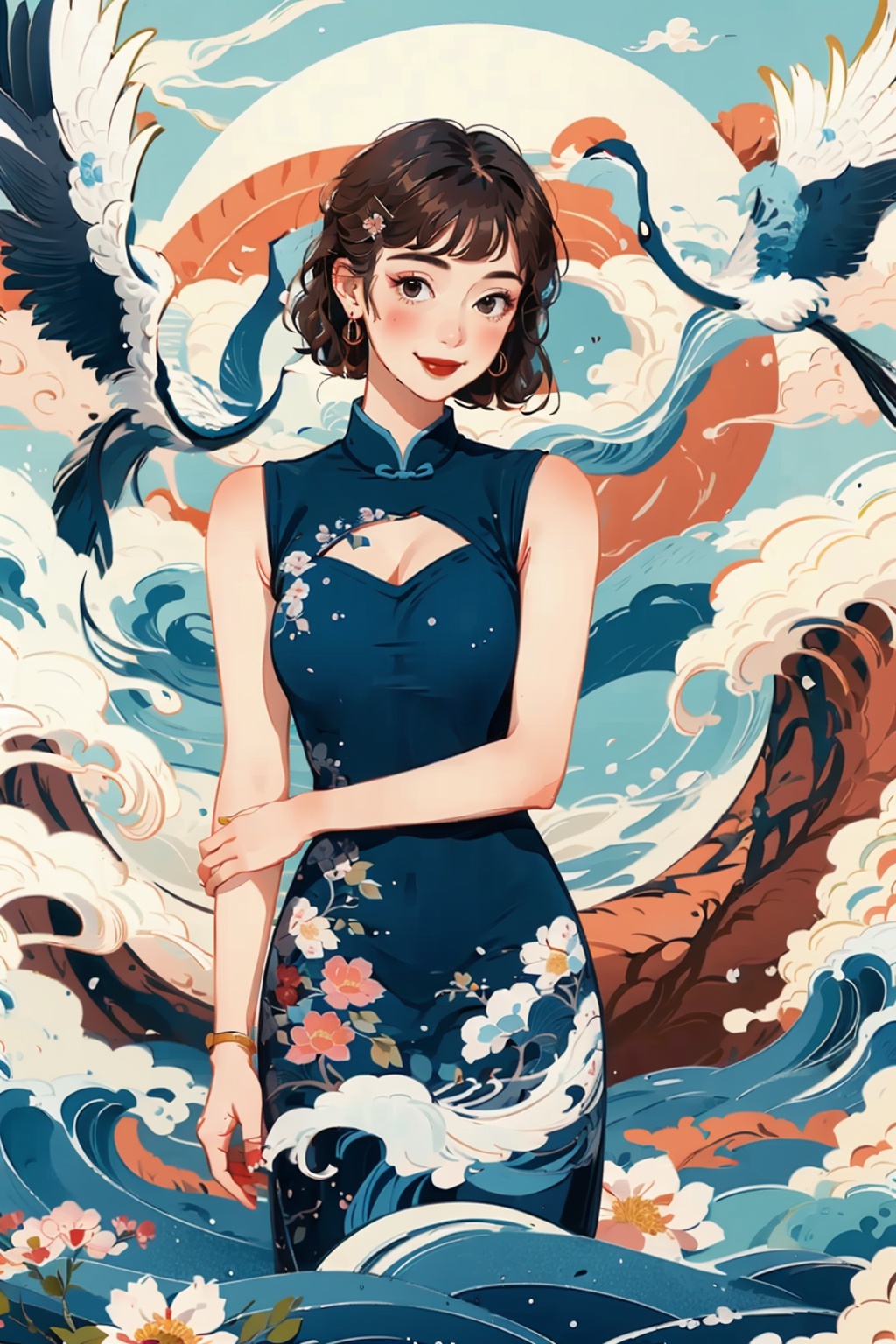((masterpiece)), best quality, perfect anatomy,8K wallpaper,mChinaChic, 1girl, crane \(animal\), waves, water pattern, brown hair, red lips, short hair, curls, earrings, sleeveless, leaf, smile, smoke, blush, china dress,sleeveless dress,blue dress, hairclip, floral print, flower on background,<lora:mChinaChic_v1:0.8>