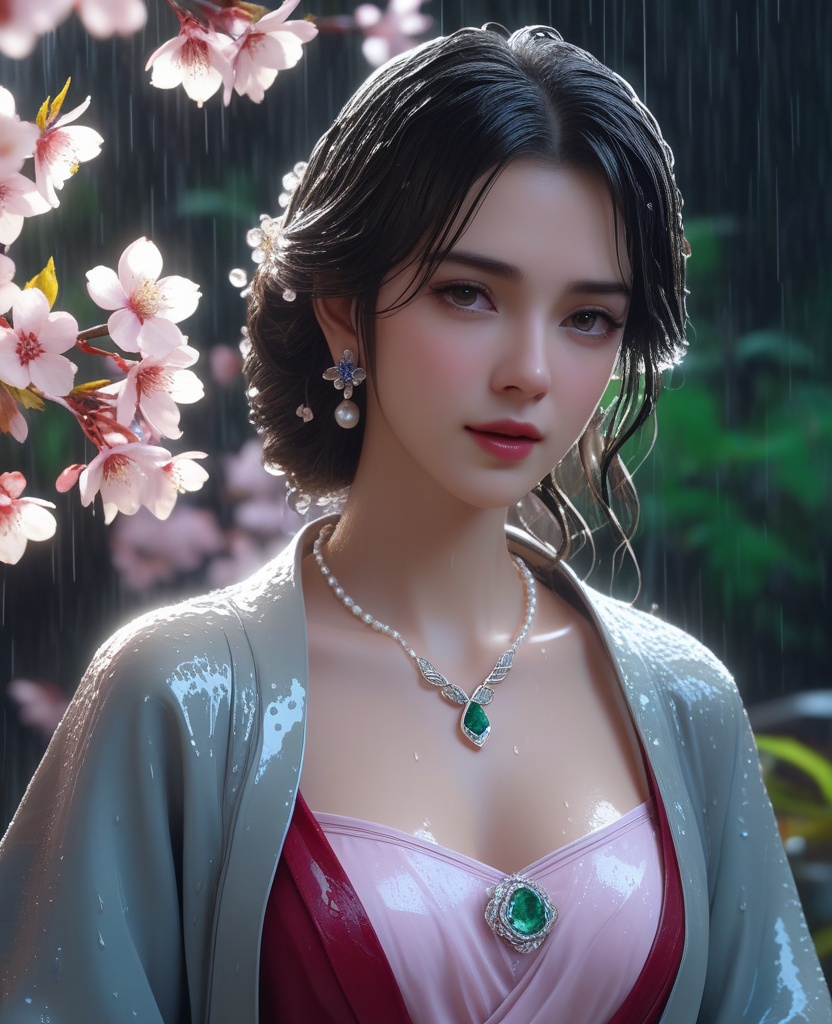 <lora:585-DA-XL-眷思量-璎陌:0.8>(,1girl, ,best quality, ),looking at viewer, ,ultra detailed 8k cg, ultra detailed background,  ultra realistic 8k cg,          cinematic lighting, cinematic bloom, (( , )),,  , unreal, science fiction,  luxury, jewelry, diamond, pearl, gem, sapphire, ruby, emerald, intricate detail, delicate pattern, charming, alluring, seductive, erotic, enchanting, hair ornament, necklace, earrings, bracelet, armlet,halo,masterpiece, (( , )),, realistic,science fiction,mole, ,cherry blossoms,(((, , ultra high res, (photorealistic:1.4), raw photo, 1girl, wet clothes, rain, sweat, ,wet, )))(( , ))   (cleavage), (),