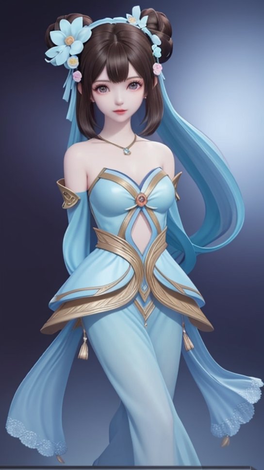 (1girl),smooth chin,masterpiece,detailed face,((hair ornament)),top quality,4k,make up,best quality,medium breasts,(looking at viewer),long legs,double bun,jewelry hair,dress,detached sleeves,ribbon,shawl,light blue skirt,puffy pants,hair rings,hair flower,(wariza),(arms behind back),bangs,jewelry on bangs,<lora:王者小乔青蛇SD_v1.0:0.6>,