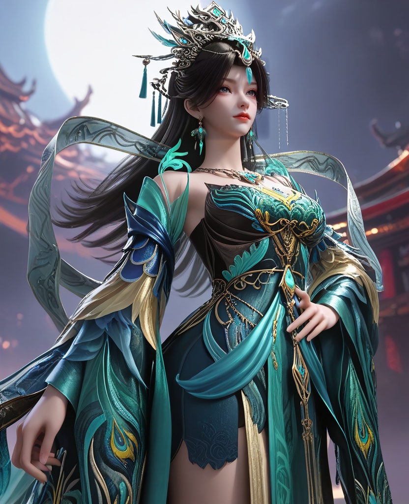 (Standing with hands on the hips, looking up,:1.1),looking at viewer,(large breasts:1.2),<lora:XL16云深不知梦燕倾霏青玉殿圣女:0.95>,miss yanqingfei,blue and green tiered gown,black hair,long hair,hair ornament,traditional chinese updo,earrings,jewelry,hagoromo,necklace,wide flowing sleeves,sheer petticoat,, score_9,score_8_up,score_7_up,score_6_up,score_5_up,score_4_up,3d rendering,tag1,tag2, Cinematic Lighting,backlighting,