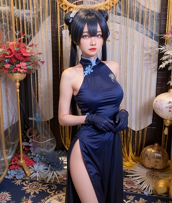 Kisaki qipao,1girl,dress,solo,standing,china dress,hair bun,double bun,chinese clothes,black hair,gloves,blue dress,looking at viewer,blue eyes,bare shoulders,shawl,lips,hair between eyes,closed mouth,blue gloves,sleeveless,bangs,sleeveless dress,long hair,<lora:Kisaki qipao_20231209000952:0.7>,