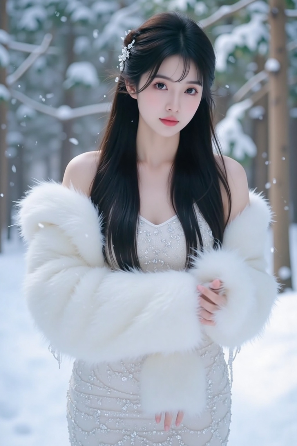 TYZ,A black-haired woman stands in a snowy forest,her long hair draped over her shoulders,with several strands clinging to tiny snowflakes. She wears a pure white fur dress adorned with shimmering silver threads,as if blending into the snowy landscape. Her makeup is fresh and natural,with a light pink lipstick and bright eyes adding to her ethereal quality.,The background is a forest covered with thick snow,with pine branches adorned with crystal snowflakes,and fine snowflakes drifting in the sky,creating a dreamy and tranquil atmosphere. She stands on a path covered with snow,in an elegant posture looking forward,as if waiting for something.,The entire scene is filled with the romance and purity of winter,with the lightness of the dress complementing the beauty of the snowy landscape,presenting a realistic and delicate photographic texture,suitable for winter-themed photographic works or illustrations.,