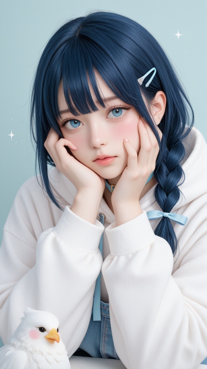 This is a digital anime-style illustration featuring a young girl with long,  dark blue hair adorned with a small white ha...