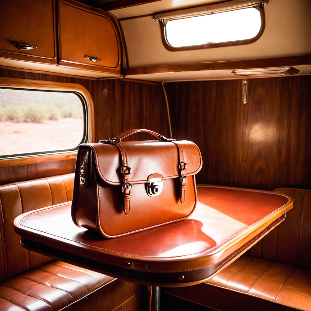 scenevintatrave,  a leather handbag,  vintage travel trailer interior table on Tensor.Art