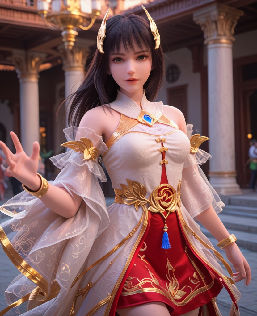 (oriental architecture, elegant decor, sophisticated style:1.1),hurdle race,jumping,(breasts:1.2),<lora:XL完美世界灵凤:0.95>,miss lingfeng,solo,white dress,sash,red underskirt,detached sleeves,green eyes,mole under left eye,black hair,bangs,long hair,hair ornament,bare shoulders,wide sleeves,gem,jewelry,bracelet,, zPDXL2, score_9, score_8_up, score_7_up BREAK realistic, masterpiece,best quality, highly detailed,, zPDXL3, zPDXL2,zPDXL, zPDXLxxx, zPDXLrl,