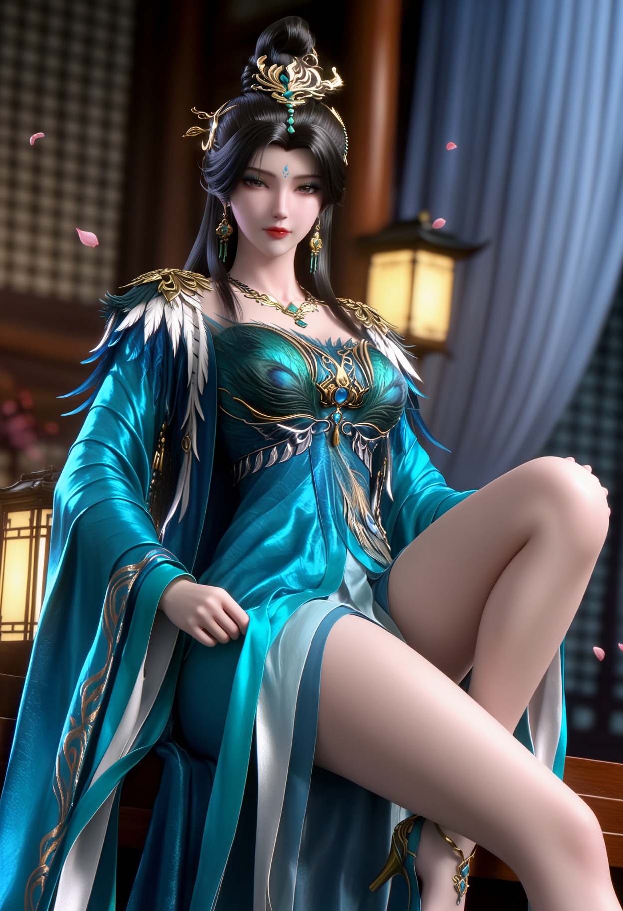 masterpiece,best quality,amazing quality,high resolution,ultra-detailed,absurdres,(looking at viewer:1.1),upper body,(Dark room:1.3),(moody lighting:1.1),peach blossom,falling petals BREAK (large breasts:0.8),huanmei,1girl,solo,black hair,long hair,hair ornament,jewelry,earrings,forehead mark,dress,blue dress,hair bun,necklace,chinese clothes,makeup,eyeshadow,shoes BREAK photorealistic details,<lora:QQSillhuanmeiV1:0.8>,