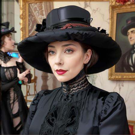 masterpiece,  uhd,  sharp color photo of a beautiful woman wearing a high-neck layered black dress on Tensor.Art