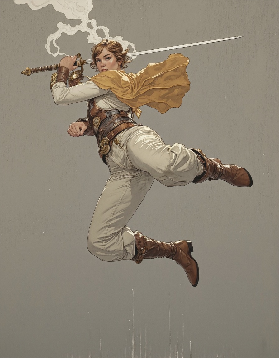 By Phandigrams. A digital illustration shoot from below about a dynamic pose of a woman engaged in a sword fighting stance...