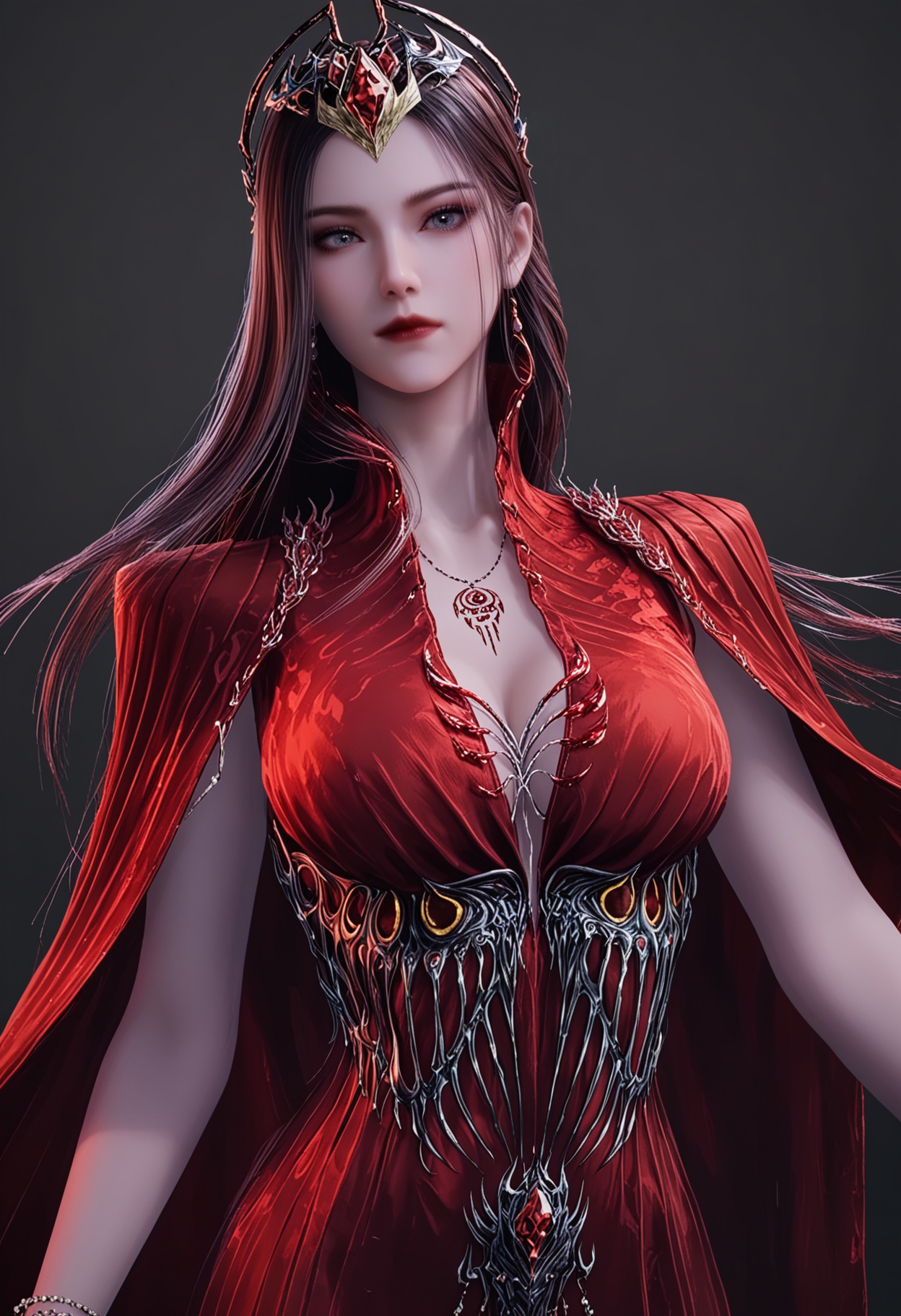 score_9,looking_at_viewer,upper body,(large breasts:0.8),yexishui,1girl,solo,long hair,jewelry,red dress,dress,brown hair,closed mouth,realistic,hair ornament,earrings,cape,grey eyes,necklace,bracelet,red lips,high heels,(simple background,pure black background,black background:1.1),perfect_anatomy,<lora:QQSponyyexishuiV1:0.8>,
