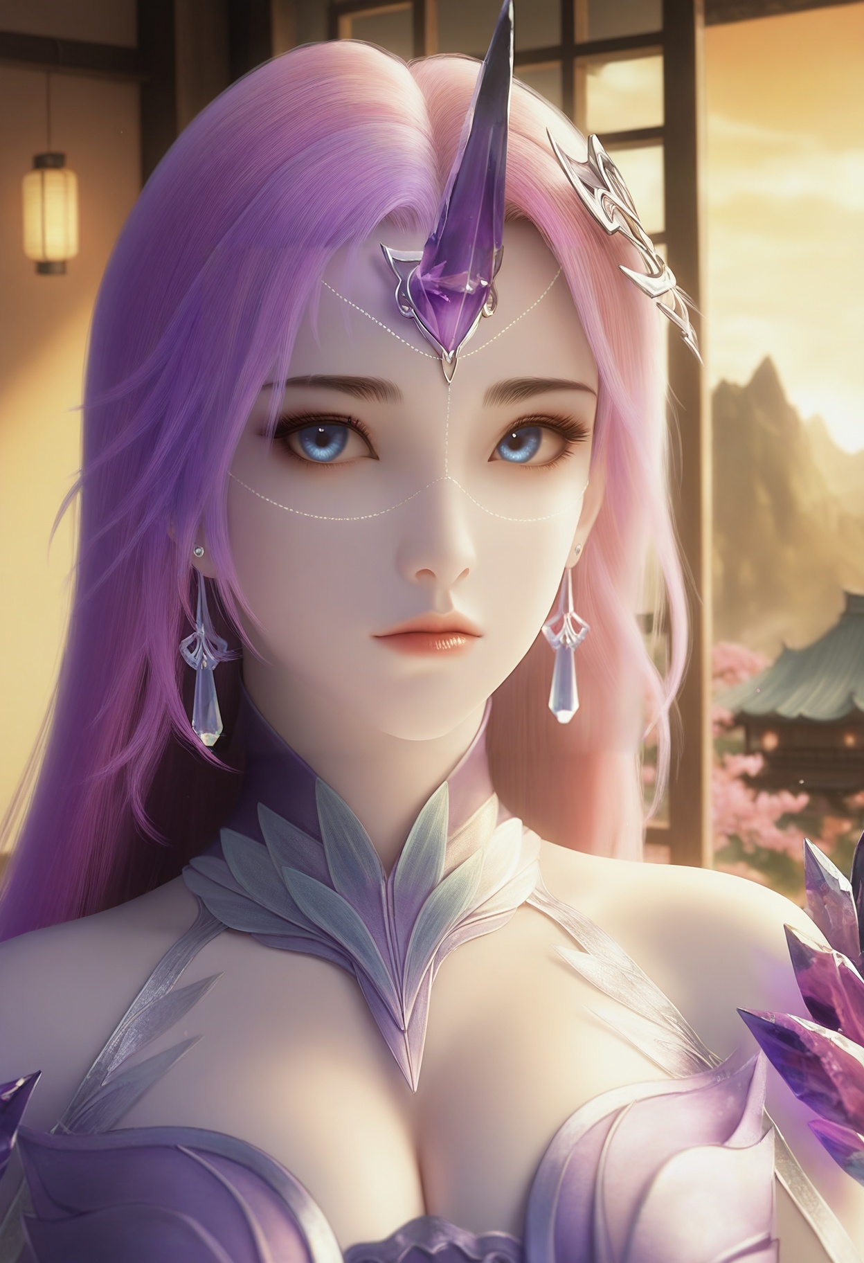 Yue_liu,1girl,blue eyes,long hair,purple hair,earrings,jewelry,hair ornament,crystal,single horn,pink hair,bare shoulders,gem,cleavage,<lora:Yue_liu_10_illu-000005:0.75>,dress,armor,see-through,skirt,purple dress,photorealistic,hyperrealistic,(pale skin:1.2),looking at viewer,standing,(upper body:1.2),close up,head shot,lantern,open window,looking at viewer,indoors,mountains,blossoms,flowers,east asian architecture,beautiful sunrise,warm ambient temperature,