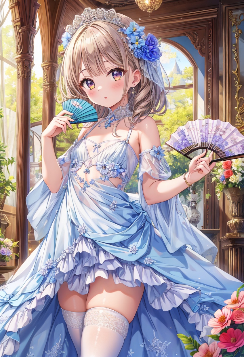 masterpiece,best quality,absurdres,1girl,beautiful detailed girl fine and beautiful detailed skin,extremely detailed beautiful background,CG,8K wallpaper,dress,flower,white thighhighs,holding_fan,flat chest,