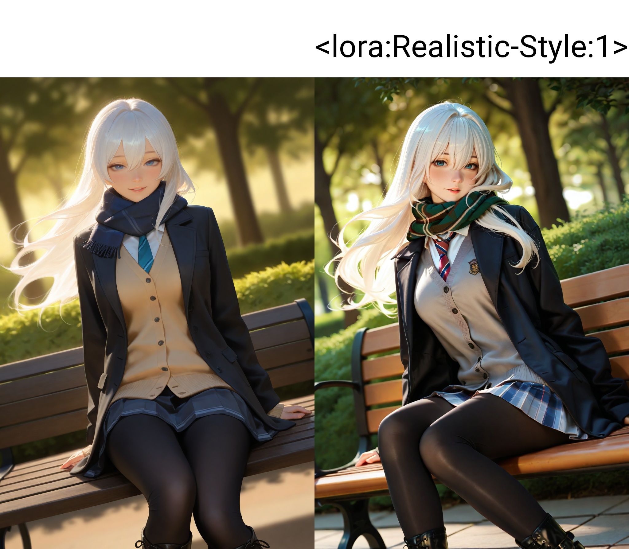 highres,absurdres,Visual impact,masterpiece,best quality,very aesthetic,amazing quality,newest,(realistic:1.3),(reality:1.3),(chiaroscuro:1.3),volumetric lighting,cinematic lighting,Natural Light,Mood Lighting,ray tracing,\,1girl,solo,blurry background,blue eyes,white hair,long hair,hair between eyes,floating hair,medium breasts,school uniform,black coat,cardigan,tie,collared shirt,pleated skirt,black leggings,scarf,lace-up boots,upper body,light blush,seductive smile,parted lips,straight on,dutch angle,looking at viewer,sitting,bench,outdoors,bush,oak tree,