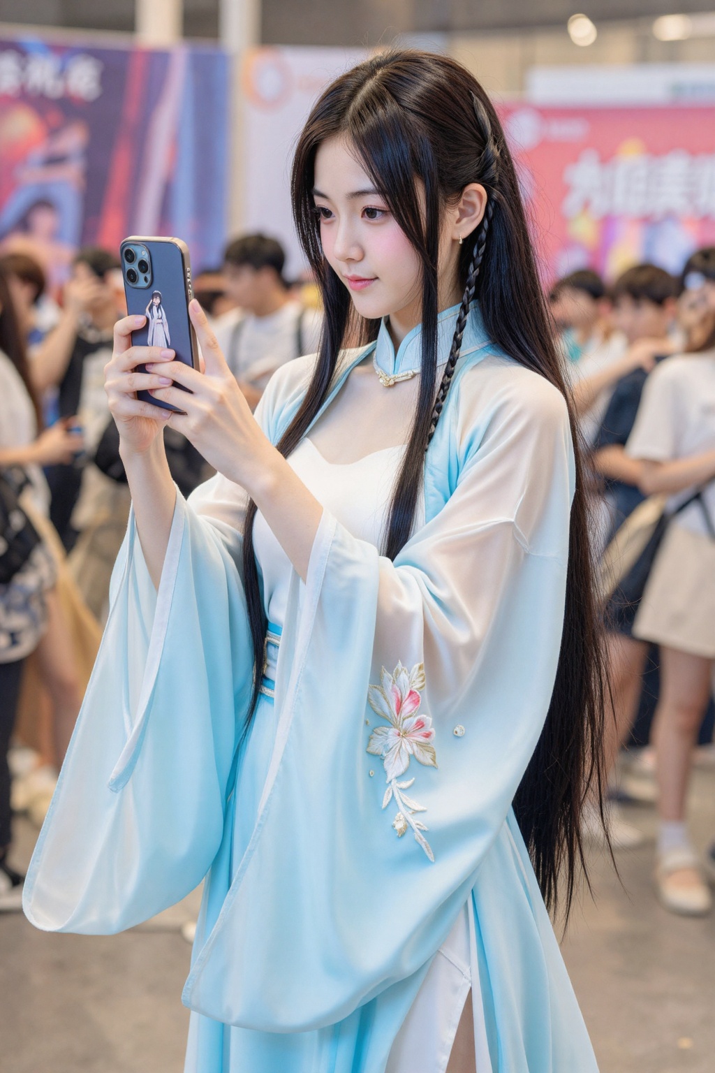 照片中是一位亚裔女性,  她有着乌黑亮丽的长直发,  扎着几条辫子。她身着一件飘逸的浅蓝色和白色相间的传统中式旗袍 on Tensor.Art