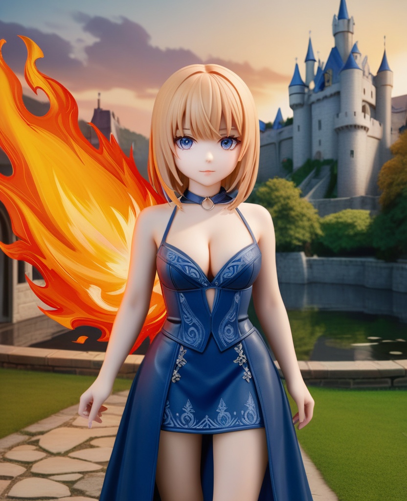(,1girl, ,best quality, ),looking at viewer,ultra detailed background,ultra detailed background,ultra realistic 8k cg, ,masterpiece, (( , )),     ,castle,     pyrokinesis,  (cleavage), (),
