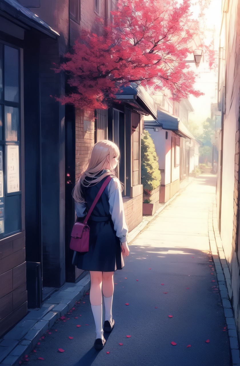 ultra highres,masterpiece,best quality,motor vehicle,ground vehicle,road,backpack,car,from behind,1girl,outdoors,photo inset,socks,animal bag,long hair,tree,walking,street,day,white socks,full body,blonde hair,light rays,light particles,falling petals,