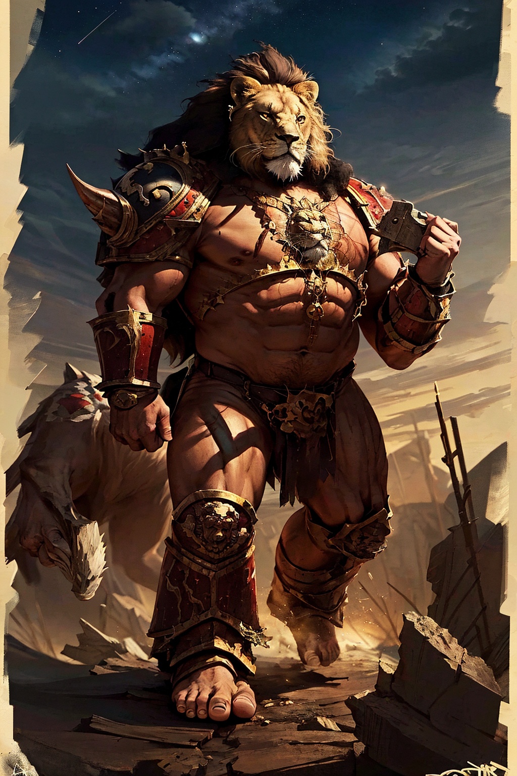 1boy,barefoot,horns,kp,lion,long hair,male focus,monster,no human face,no humans,nude,signature,sky,star (sky),kp,monster,no human face,no humans,<lora:kp_战锤插画V1:0.8>, kp,weapon,holding,armor,
