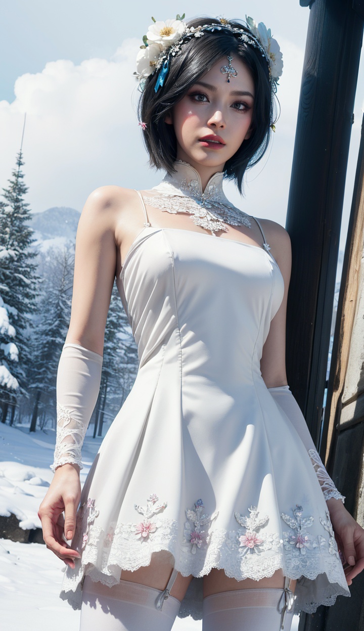 masterpiece,highres,1girl,solo,sfw,<lora:add_detail:0.3>,thighhighs,((beautiful Dress+stocking):1.25),((flower headdress:1.45)),((white theme:1.5)),snow,outdoors,snowflakes,sleeveless,3D graphics,looking_at_viewer,dynamic pose,ada wong,dynamic angle,<lora:adawongre4r-000004:0.7>,
