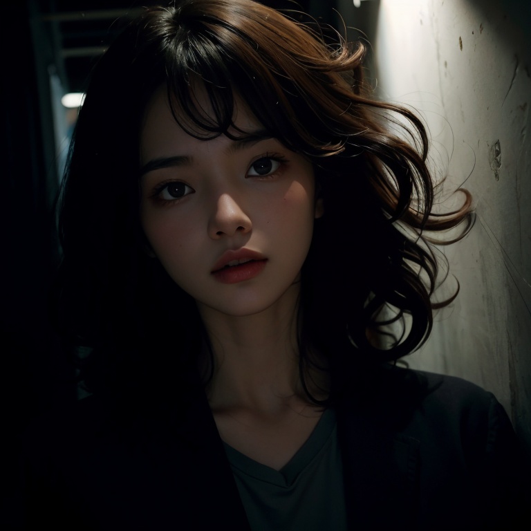1girl,curly hair,in the dark,deep shadow,