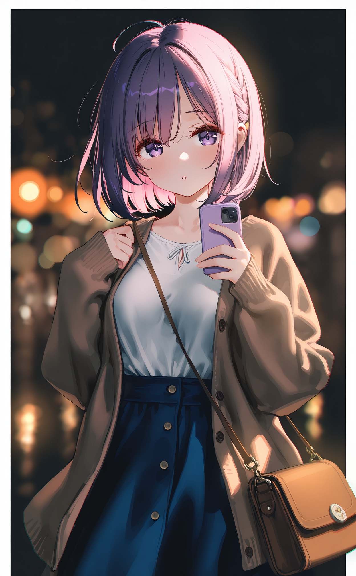 masterpiece,absurdres,best quality,high quality,chromatic_aberration,Night,darkness,black theme,shy,embarrass,endured_face,nsfw,//,1girl,solo,bag,phone,holding phone,purple eyes,blue skirt,holding,shirt,looking at viewer,white shirt,cellphone,skirt,blurry background,blurry,collarbone,blush,short hair,long sleeves,open clothes,parted lips,smartphone,braid,outside border,purple hair,shoulder bag,outdoors,open cardigan,cardigan,breasts,brown bag,handbag,border,brown jacket,medium breasts,depth of field,white border,eyes visible through hair,jacket,shirt tucked in,pink hair,day,high-waist skirt,cowboy shot,open jacket,swept bangs,hands up,buttons,:o,hair between eyes,brown cardigan,ahoge,standing,bob cut,//,artist:ciloranko,artist:ningen_mame,artist:sho_(sho_lwlw),artist:rhasta,artist:wlop,artist:ke-ta,artist:hiten \(hitenkei\),//,highres,HDR,8K,high contrast,illustration,depth of field,(colorful),Tyndall effect,contrast,lens flare,