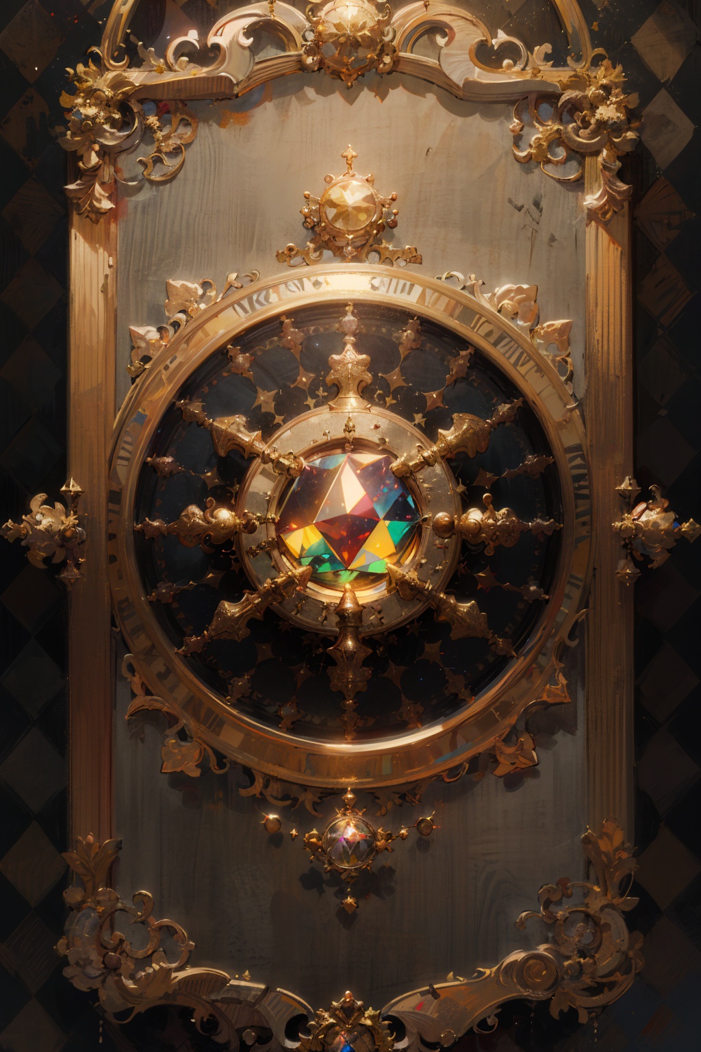 masterpiece,best quality,no humans,gold line,gold,argyle,argyle background,gem,glowing,gold trim,jewelry,magic circle,symbol,crystal,fantasy,still life,badge,