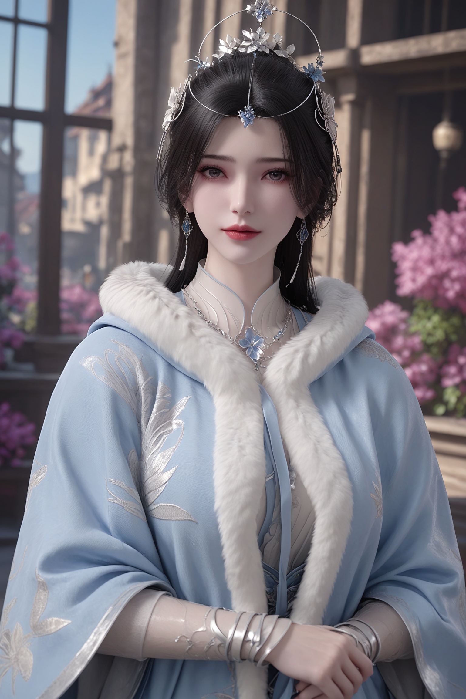 realistic style photo outstanding style,tall,cute,in her teens. Use soft lighting to cast gentle shadows on the subject,adding a touch of dimension to your images without compromising details,score_9,score_8_up,score_7_up,looking at viewer,upper body,<lora:仙逆-李慕婉长袍pony-v1.2:0.6>,dark hair is adorned with an intricate,silver hairpiece,wears a light blue,ornate robe with white fur trim,featuring intricate,embroidered floral patterns on the chest and sleeves,