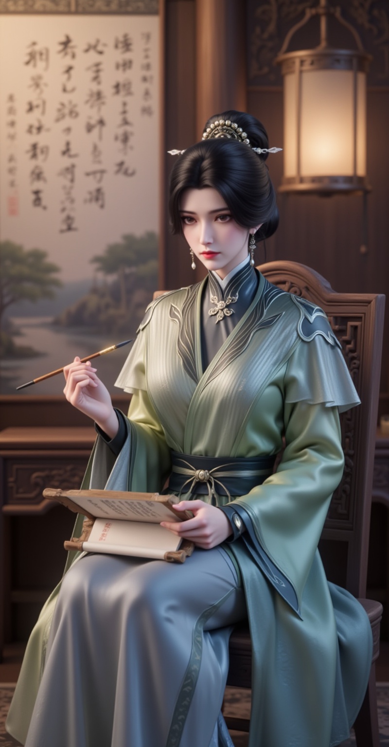 <lora:师娘6:1.01>,shiniang,1girl,solo,jewelry,earrings,sitting,chinese clothes,black hair,hair ornament,holding,chair,paintbrush,hair bun,looking at viewer,hanfu,scroll,long sleeves,painting \(object\),indoors,holding brush,dress,3,cover,gradient background,close-up details,outstanding style,adding a touch of dimension to your images without compromising details,close-up,<lora:DJ滤镜_2.5D版:0.2>,lvjing,<lora:绚丽多彩·优化9:0.3>,lvjing,