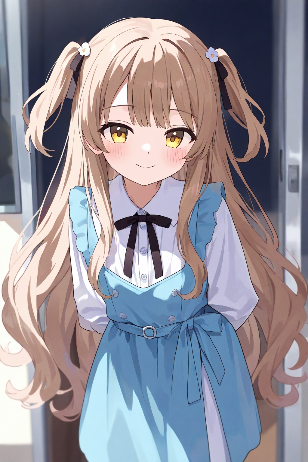 1girl, solo, long hair, looking at viewer, blush, smile, bangs, brown hair, shirt, hair ornament, long sleeves, dress, bow, ribbon, very long hair, closed mouth, yellow eyes, white shirt, collared shirt, virtual youtuber, two side up, black ribbon, neck ribbon, leaning forward, blue dress, arms behind back, light brown hair