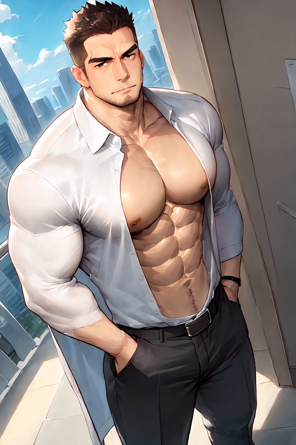 pectorals,solo,bara,male focus,large pectorals,necktie,muscular male,1boy,muscular,facial hair,blush,between pectorals,salaryman,shirt,short hair,black hair,thick eyebrows,pants,looking at viewer,formal,jacket,stubble,open clothes,belt,suit,sideburns,mature male,black pants,cityscape,white shirt,window,bare pectorals,open shirt,collared shirt,goatee,<lora:animature maleV1.0:1>,
