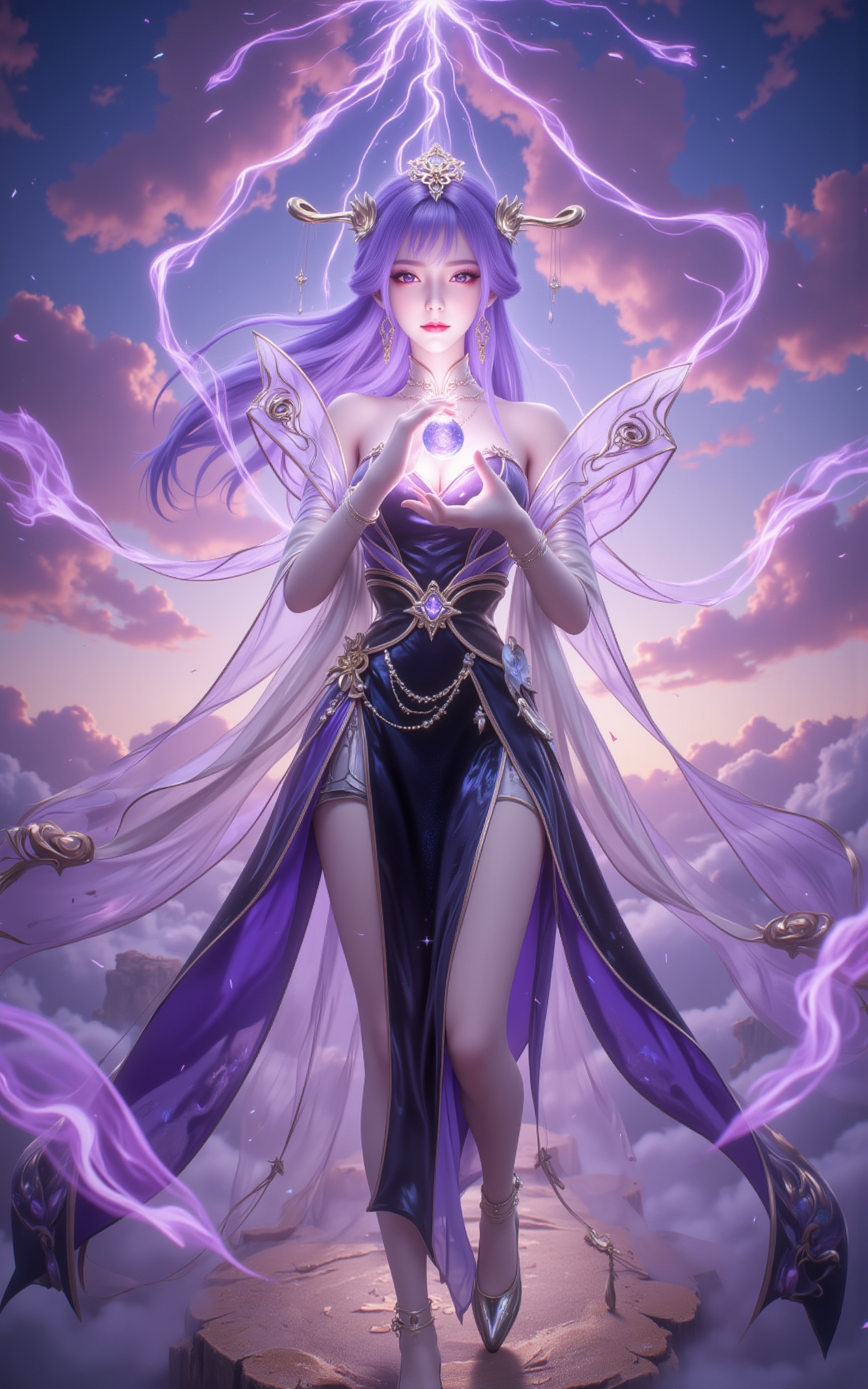 <lora:天穹·8:1.1>,tianqiong,1girl,dress,solo,purple hair,purple eyes,hair ornament,long hair,bare shoulders,The dawn light fractures through the clouds,crowning her in divine amethyst radiance. Violet tresses cascade like nebulae,their diamond-studded ends scattering stardust with every movement. The lavish skirt blooms like midnight irises in the sea of clouds,while crystal heels suspend prismatic halos beneath her silk-stockinged legs.,Cupping a sphere of sunlight in her palms,she floats amidst swirling violet energy that weaves ancient runes in the air. Shot from a reverent low angle,the 8K resolution captures every exquisite detail—from the morning dew on her lashes to the hidden embroidery on her gown—transforming the scene into a living masterpiece.,cover,gradient background,close-up details,outstanding style,adding a touch of dimension to your images without compromising details,close-up,<lora:DJ滤镜_2.5D版:0.2>,lvjing,<lora:滤镜·绚丽多彩·再优化12:0.3>,lvjing,