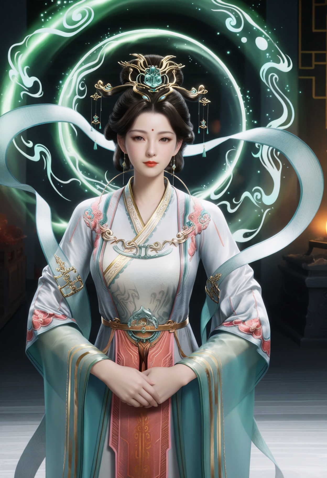 masterpiece,best quality,amazing quality,very aesthetic,high resolution,ultra-detailed,absurdres,scenery,photorealistic,(looking at viewer:1.1),(Dark room:1.3),(moody lighting:1.1),peach blossom,falling petals,(large breasts:0.8),xiwangmu,1girl,solo,black hair,hair ornament,jewelry,earrings,chinese clothes,forehead mark,light particles,swirling aura,realistic,hair bun,shawl,hanfu,red lips,long sleeves,closed mouth,high heels BREAK photorealistic details,<lora:QQSillxiwangmuV1:0.8>,