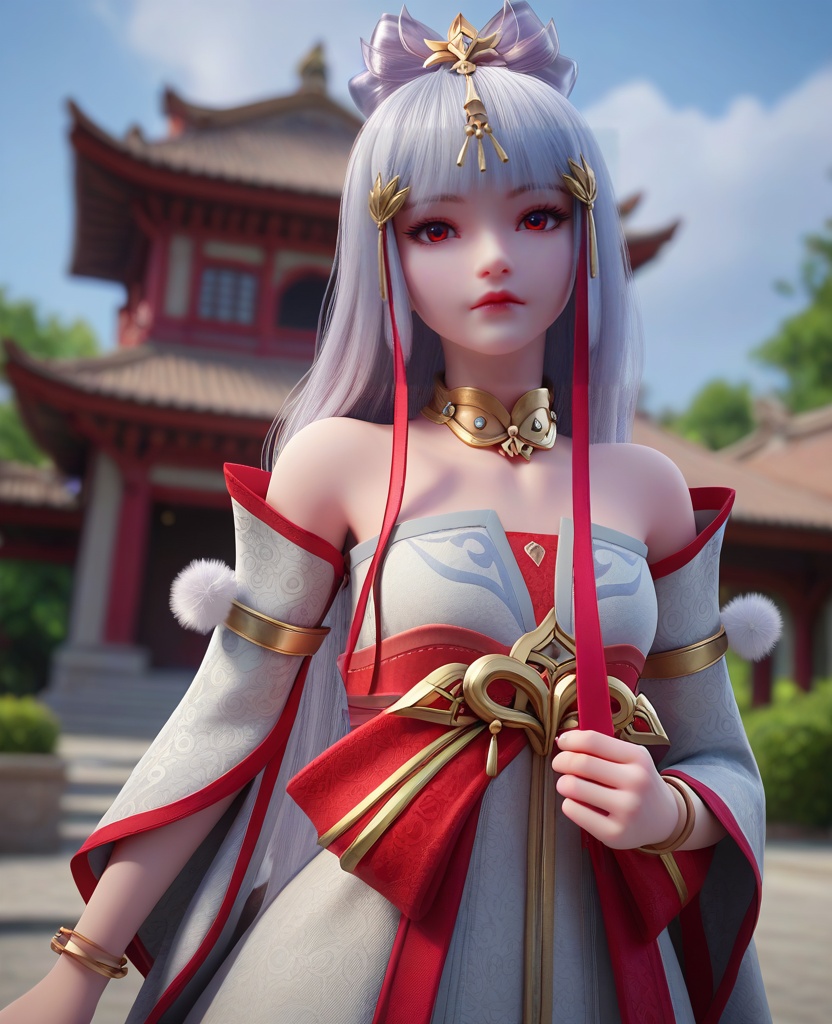 (oriental architecture, elegant decor, sophisticated style:1.1),leaning against the wall,(breasts:1.2),<lora:XL完美世界太阴玉兔:0.8>,miss taiyinyutu,petite girl,solo,white strapless dress,detached sleeves,red eyes,white hair,long hair,blunt bangs,hair bow,hair ribbon,lips,bow sash of red,jewelry,bangle,choker,pom pom \(ornament\),chiffon  petticoat,clothing patterns,eyelashes,, zPDXL2, score_9, score_8_up, score_7_up BREAK realistic, masterpiece,best quality, highly detailed,, zPDXL3, zPDXL2,zPDXL, zPDXLxxx, zPDXLrl,