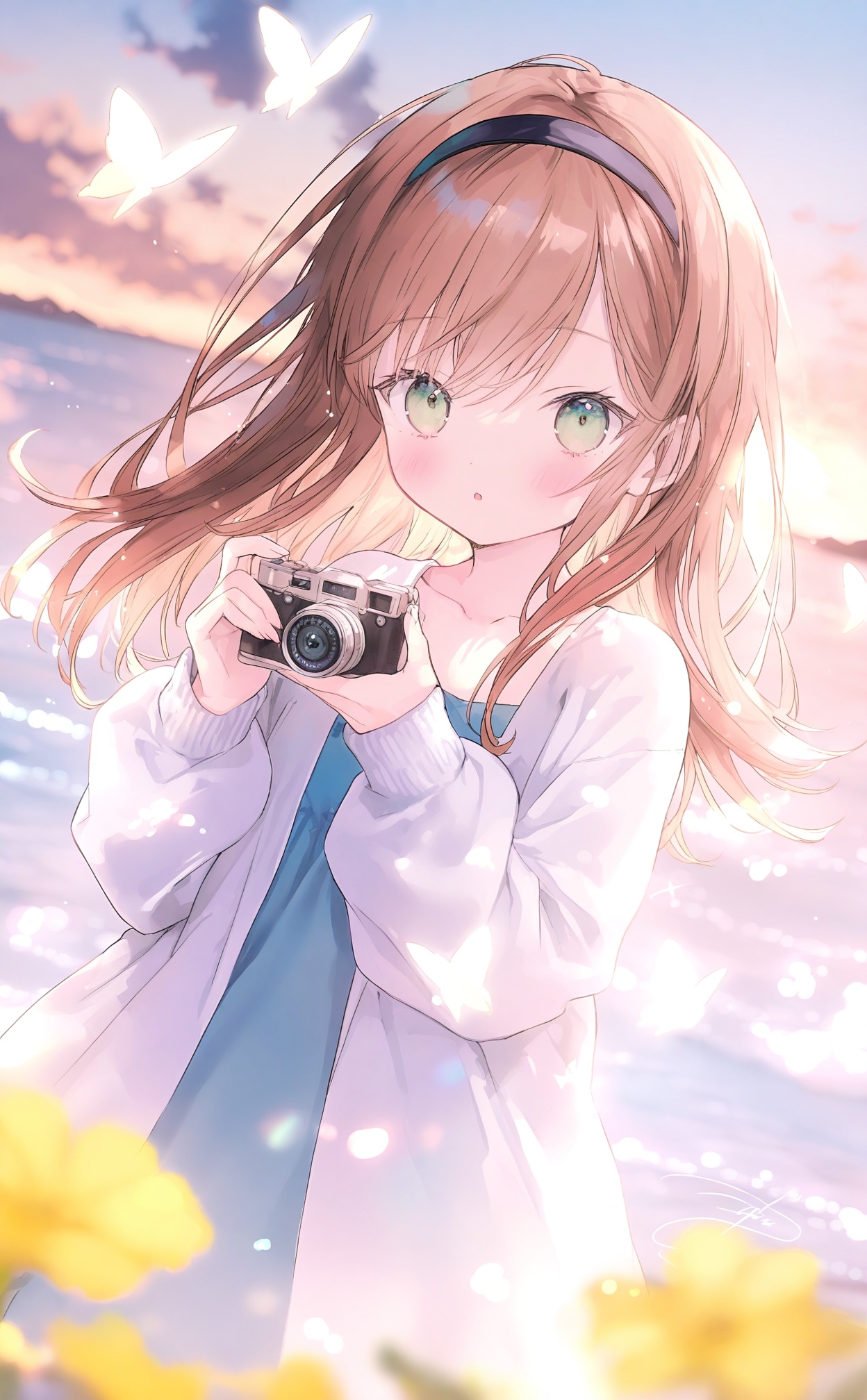 masterpiece,absurdres,best quality,loli,petite,high quality,chromatic_aberration,//,1girl, butterfly, solo, holding camera, bug, holding, outdoors, camera, blurry foreground, brown hair, green eyes, blurry, long hair, depth of field, long sleeves, dress, hairband, water, parted lips, yellow flower, jacket, cloud, signature, open clothes, collarbone, ocean, blush, white butterfly, sky, sunset, black hairband, white jacket, dutch angle, open jacket, blurry background, blue dress, cloudy sky, flower, puffy long sleeves, :o, looking at viewer, puffy sleeves, hair between eyes, horizon, glowing butterfly, day, sleeves past wrists, hands up//,<lora:guimao2025.10.24——【noob】hans:1>,