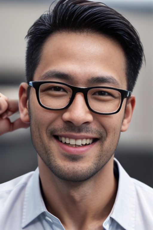 CNman,1boy,1boy, asian, black_eyes, blurry, depth_of_field, face, glasses, grey_background, lips, looking_at_viewer, mole, mole_under_eye, photorealistic, rating:safe, realistic, shirt, solo, teeth, white_shirt