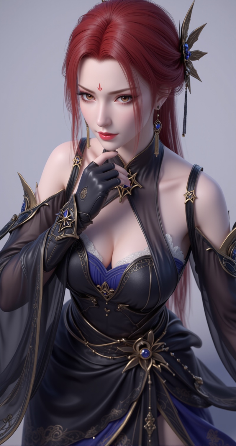 <lora:雅菲·百搭版7:1>,yafei,earrings,jewelry,red hair,makeup,brown eyes,red lips,facial mark,hair ornament,<lora:曹颖衣服6:1>,caoyi,1girl,dress,solo,gloves,full body,black gloves,black footwear,breasts,black dress,standing,bare shoulders,fingerless gloves,2,cover,gradient background,close-up details,outstanding style,adding a touch of dimension to your images without compromising details,close-up,<lora:DJ滤镜_2.5D版:0.3>,lvjing,<lora:油画唯美滤镜15:0.2>,baoshi,