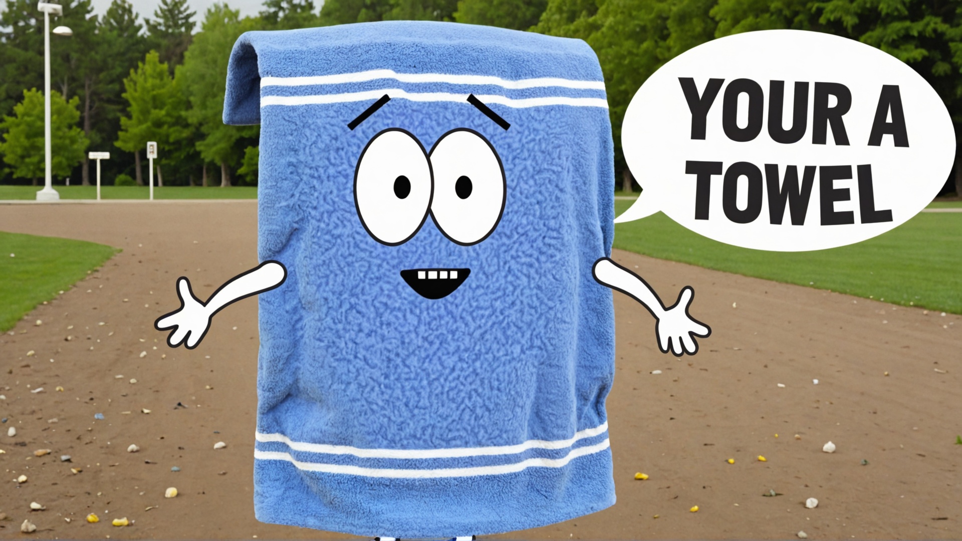 Photo of Towelie at the park with a text bubble that says "your a towel" on Tensor.Art