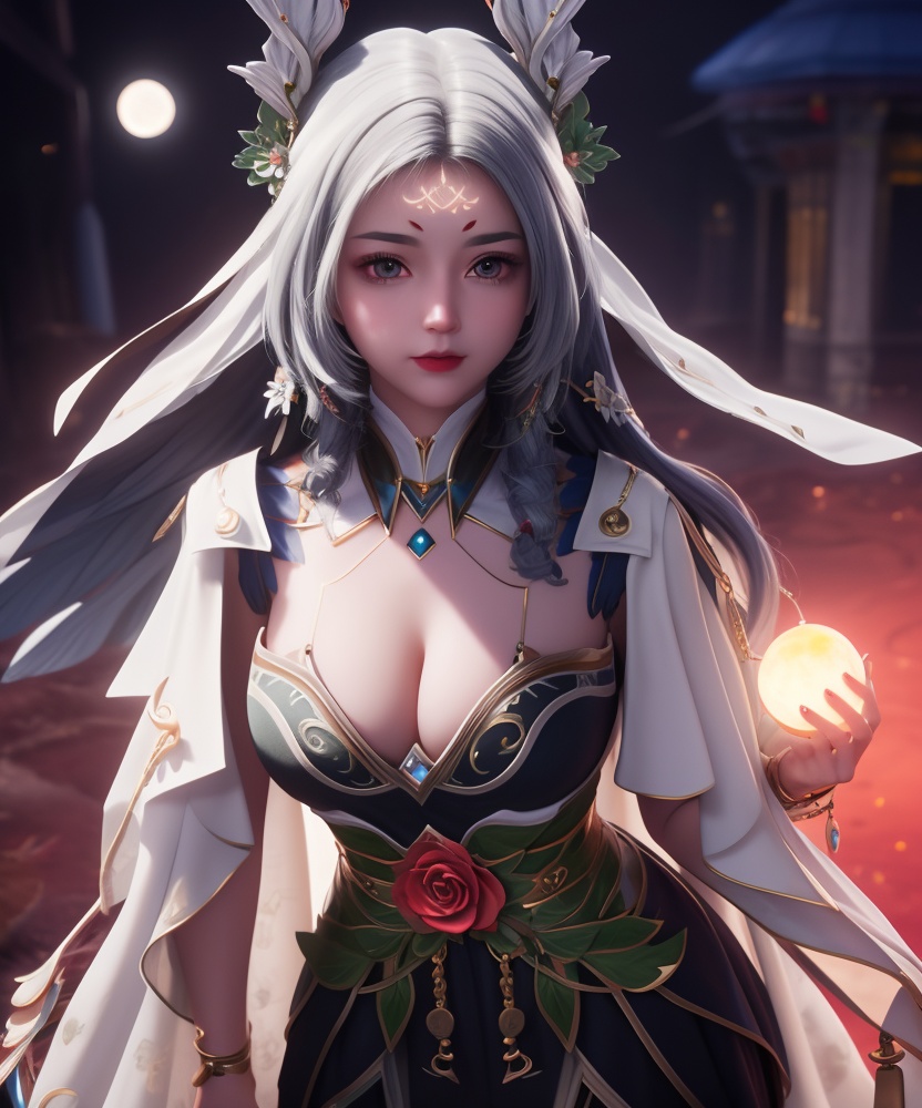 <lora:509-DA-神印王座-夜小泪:0.8>(,1girl, ,best quality, ),looking at viewer,  ,,ultra detailed background,ultra detailed background,ultra realistic 8k cg,, ,masterpiece, (( , )),, ,science fiction,mole, ,    ,red moon, black rose,     (cleavage), (),