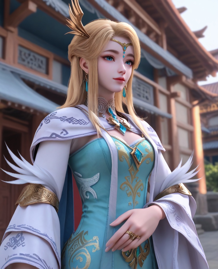 (oriental architecture, elegant decor, sophisticated style:1.1),(Standing with one foot in front, posing sideways,:1.1),(breasts:1.2),<lora:XL16长夜开拓者圣女维罗妮卡:0.95>,miss veronica,blue corset dress,blue eyes,blonde hair,half-up ponytail with hair over shoulder,hair ornament,jewelry,choker,tiered sleeves,earrings,, score_9,score_8_up,score_7_up,score_6_up,score_5_up,score_4_up,3d rendering,tag1,tag2, Cinematic Lighting,backlighting,