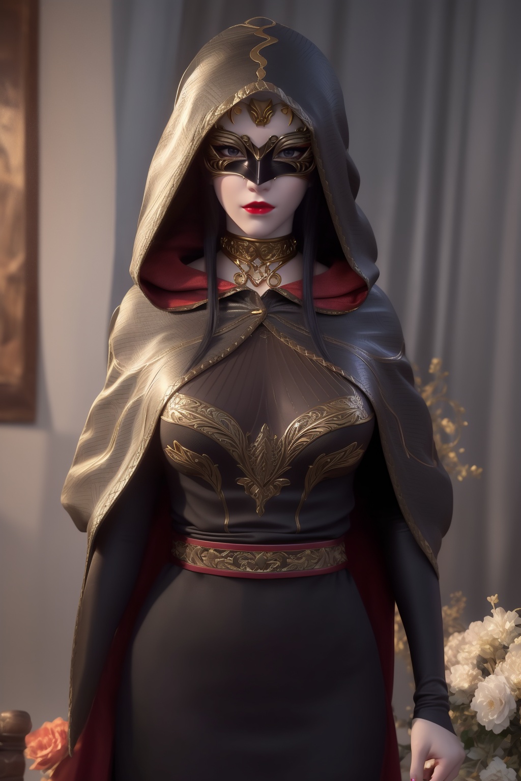 ltra realistic 8k cg, flawless, clean, masterpiece, professional artwork, famous artwork,cinematic lighting, cinematic bloom, perfect face, beautiful face,shenfengMeiDuShaPiFeng,1girl, solo,red lips,jewelry,torogao, black dress,belt,cape,choker,hood,hood up,mask,standing,black hair, long hair, necklace,looking at viewer,hair ornament, breasts,large breasts,hiqcgbody,<lora:shenfengMeiDuShaPiFeng_20231216135824-000002:0.7>,