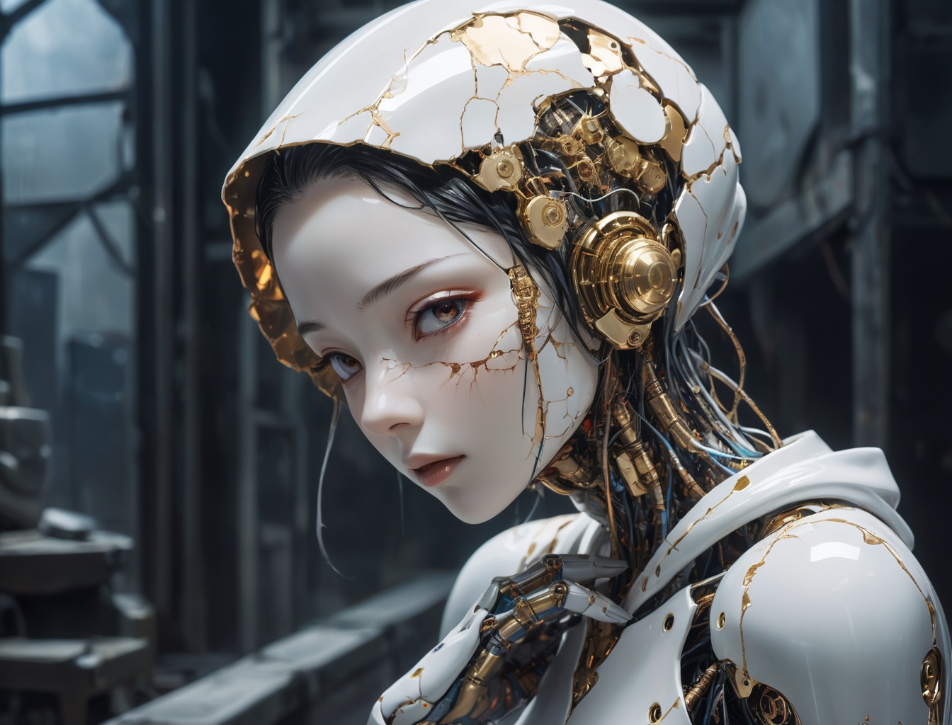 creepy masterpiece anime artwork by Tsutomu Nihei, a [porcelain doll woman:beautifulk porcelain woman:5], otherworldly beauty, kintsugi skin,  sensual gaze, a cute face, cracked porcelain, shiny reflective surface, hood, anime proportions, highres, 8k, cybernetic robotic, strange but beautiful sci-fi, dystopian future,  otherworldly, wild and untamed, highly detailed, intricately detailed,, highly detailed, strong colors, strong contrast, intricate details, volumetric light, (hyperdetailed), 8k hdr, lot of details, high quality, soft cinematic light, dramatic atmosphere, atmospheric perspective, subsurface scattering, transparency, Hyperrealistic, analog style, realistic, film photography, sharp focus, photography, photorealism, photorealistic, soft focus, glinting lighting, heavy shadow